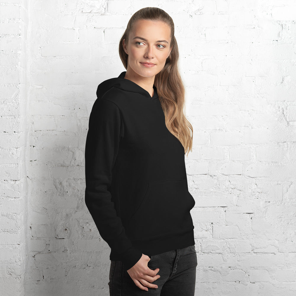 Woman wearing black drummer hoodie by Cowbell & Groove