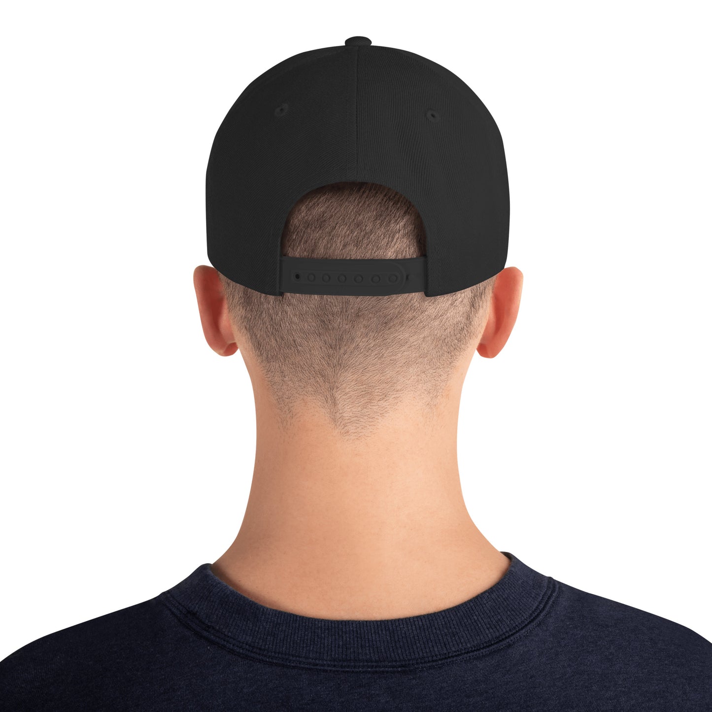 Back view of black drummer snapback hat by Cowbell & Groove, showing adjustable snaps and minimalist design — music-inspired headwear gift