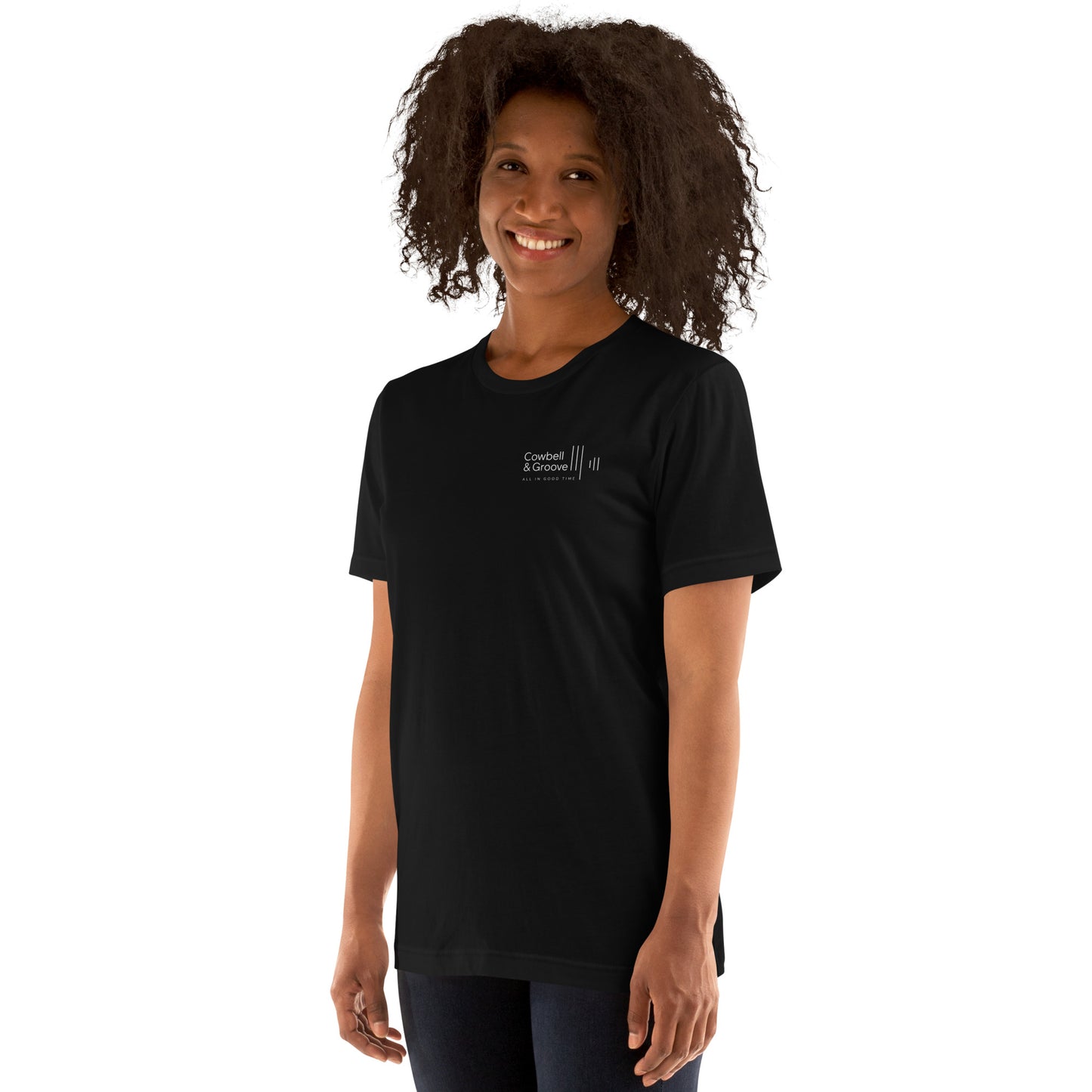 Woman wearing black drummer t-shirt by Cowbell & Groove, minimalist groove bar logo, front-facing view