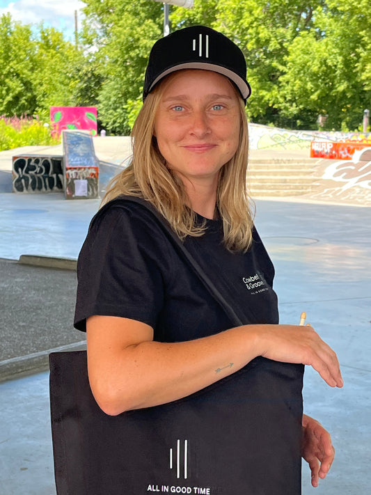 Minimalist drummer tote bag by Cowbell & Groove, black music-inspired carryall