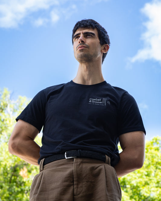 Minimalist drummer t-shirt by Cowbell & Groove, black music-inspired streetwear tee