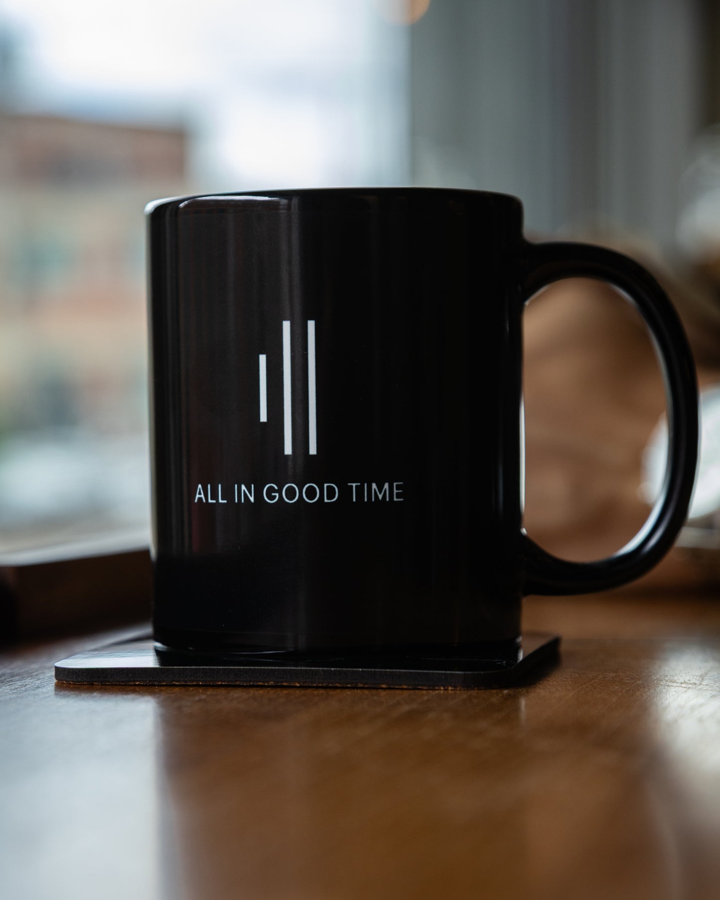 Minimalist drummer mug by Cowbell & Groove, black ceramic mug with rhythm-inspired design