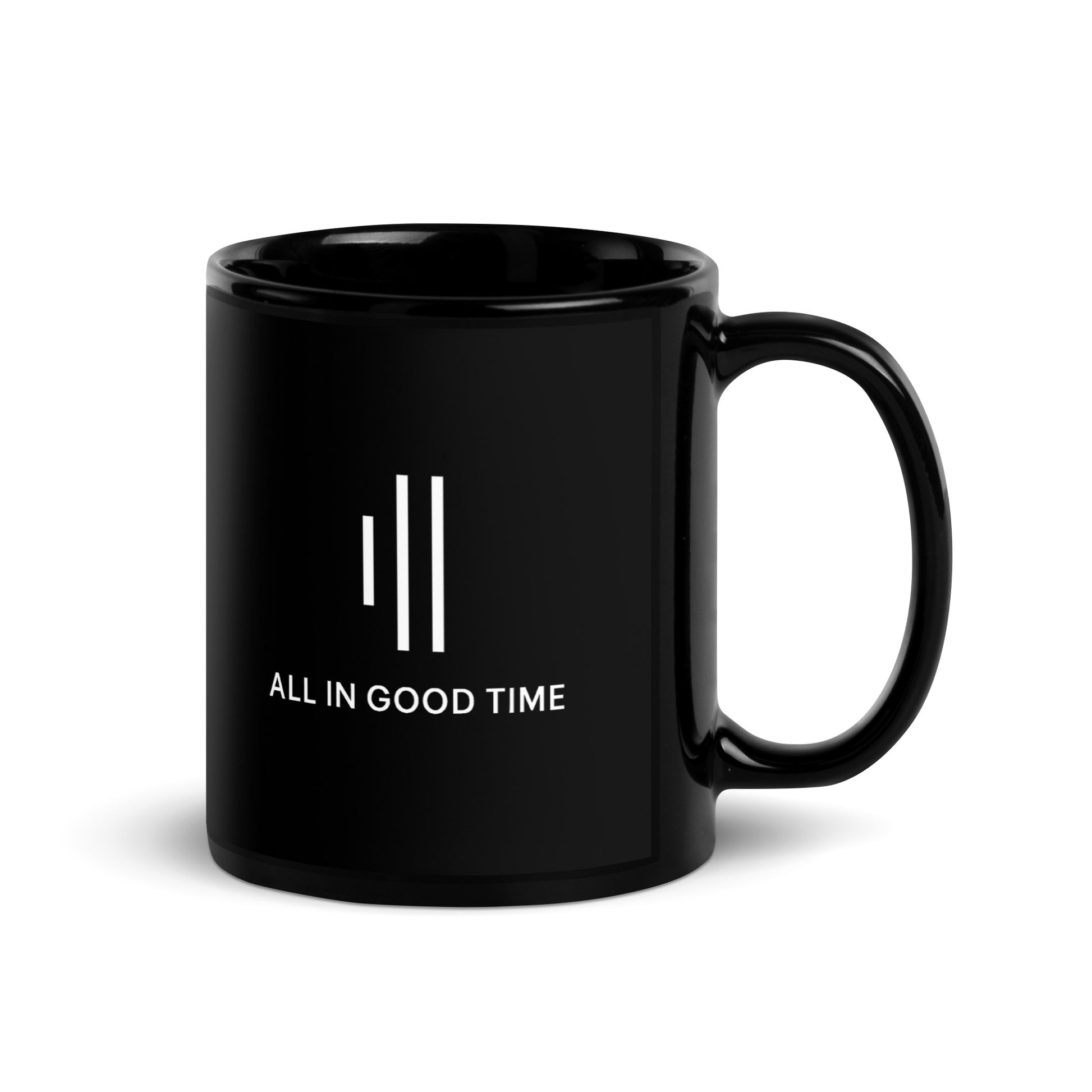Black mug with 'All in Good Time' for drummers & musicians 